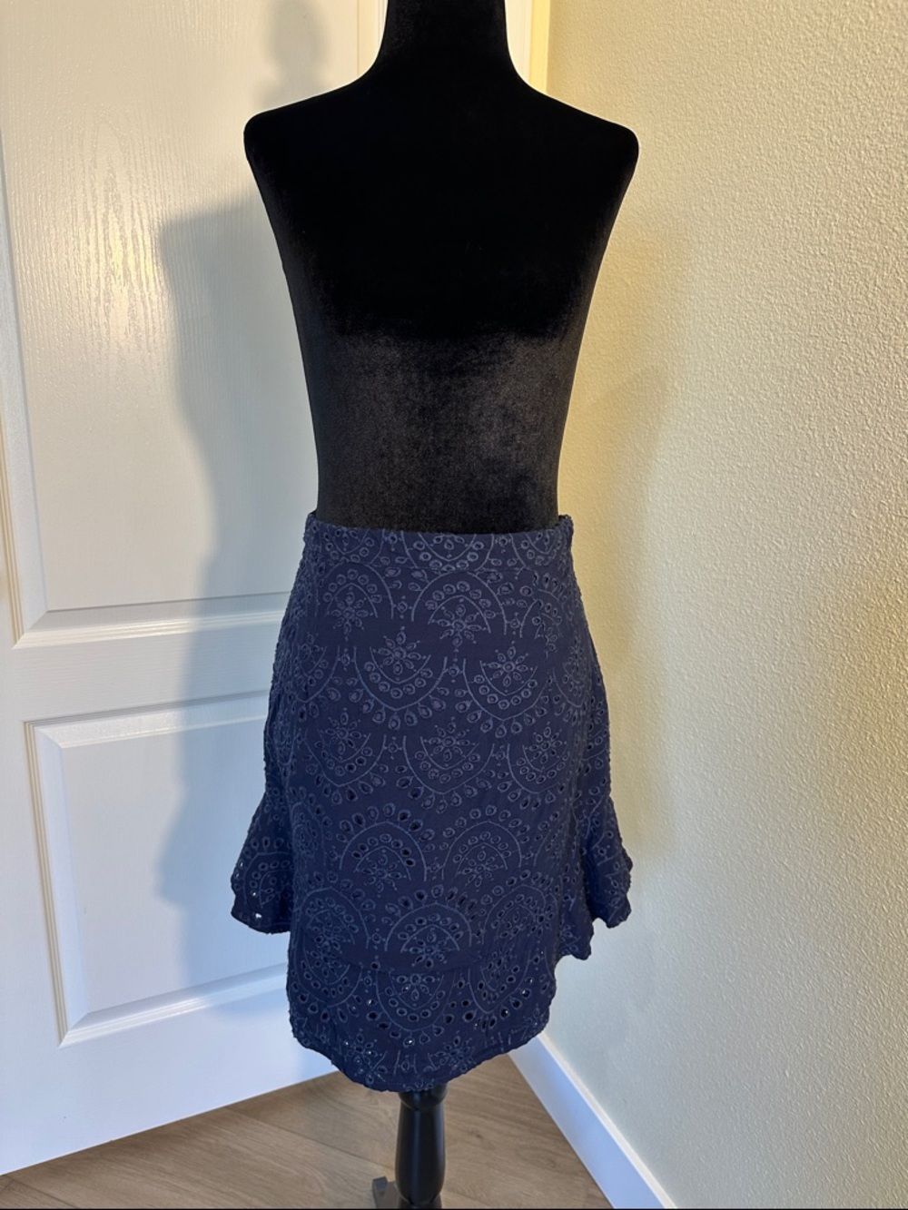 Olivaceous Navy Blue Eyelet tapered mini Skirt. Medium.
